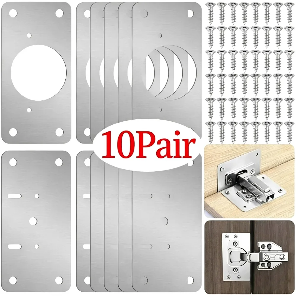 Cabinet Hinge Overlay - 10/1ペア ヒンジ修理プレート キッチンキャビネットドアヒンジ取り付けプレート ネジ付き フラット固定ブラケット 家具用金具ツール